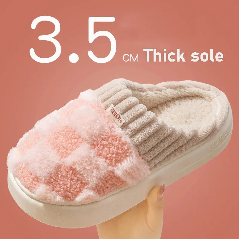 Women's plaid plush slippers in grey with a thick coral velvet upper and textured PVC sole.