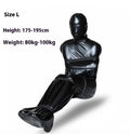 Black patent leather bondage restraint set showing full harness and six ratchet tie-down straps