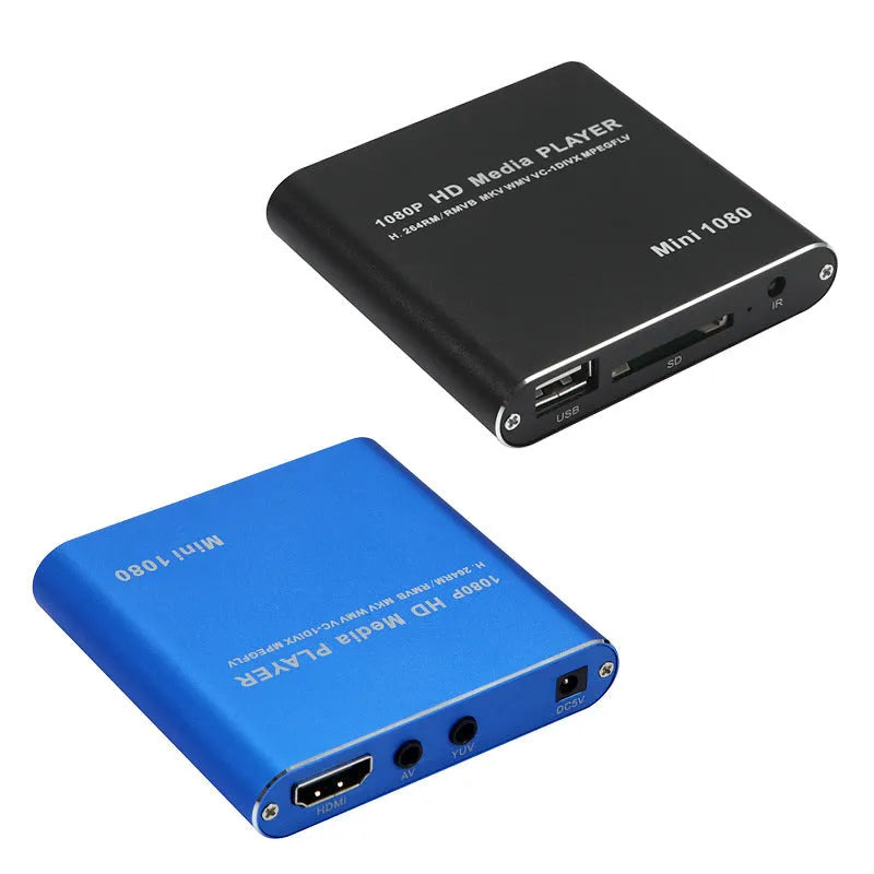 Compact blue 1080p Full HD media player with remote control on a black background.