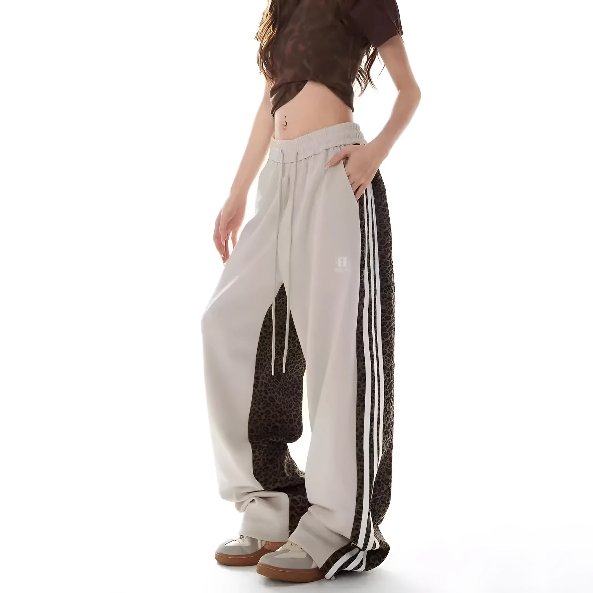 Youth popularity high waist straight trousers for teen boys in black polyester with patchwork stitching