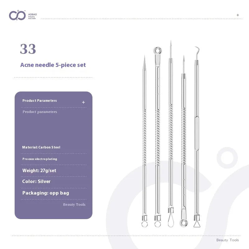 Four metal acne needles with ultra-fine pointed tips laid out in a set.