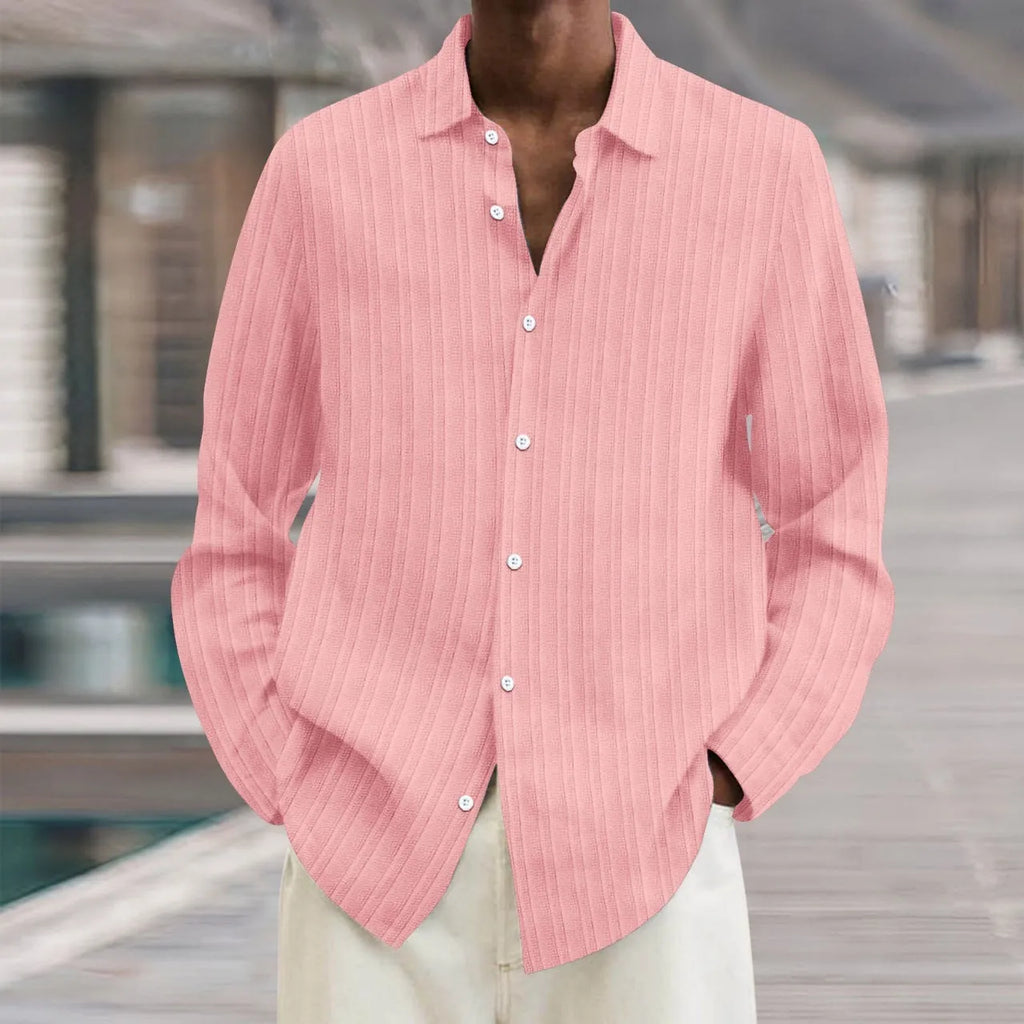 Men's striped British style cardigan shirt with 3D pattern and long sleeves