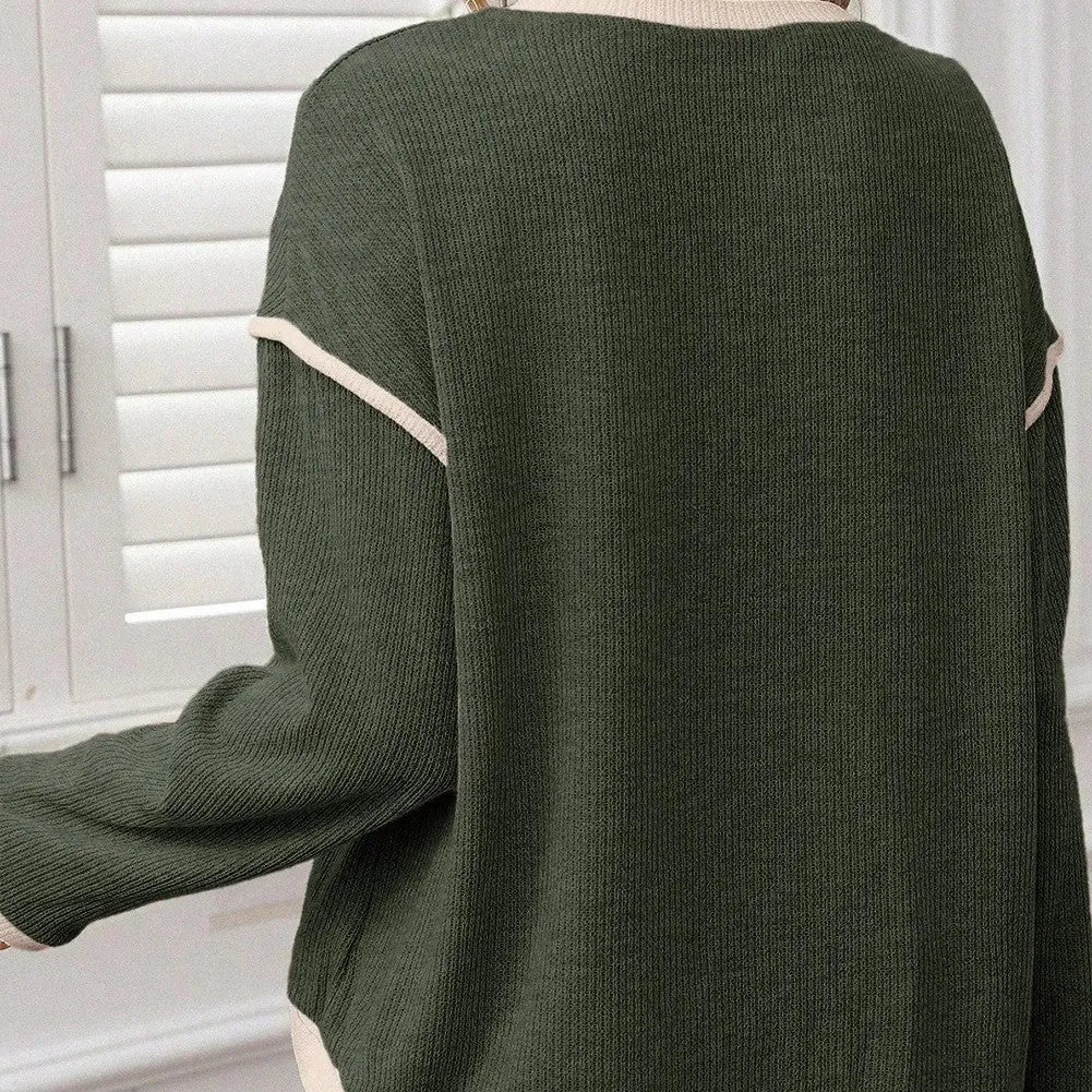 Women's loose fit drop shoulder knit top with contrast trim in beige, four leaf clover, and light pink colours