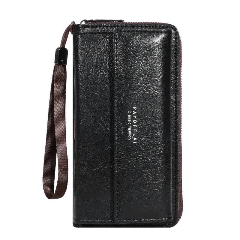 Men's black PU leather wallet with multiple card slots showing 19 cm length
