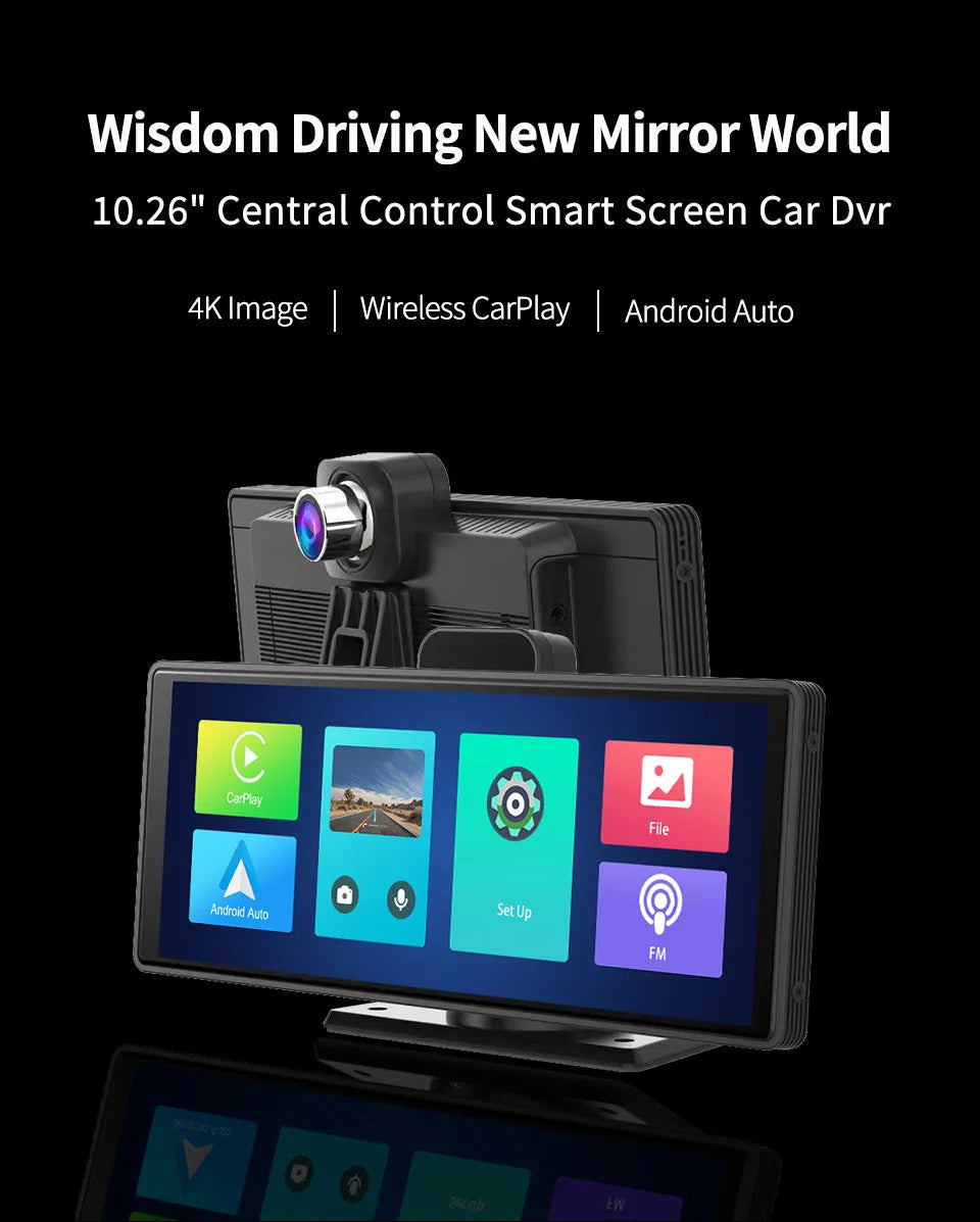 10.26-inch car dash camera with touch screen displaying dual camera view