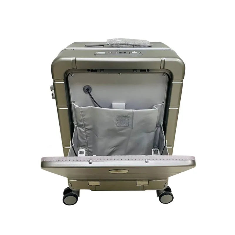 20-inch front opening suitcase showing dry-wet separation compartments in ABS PC material with universal wheels