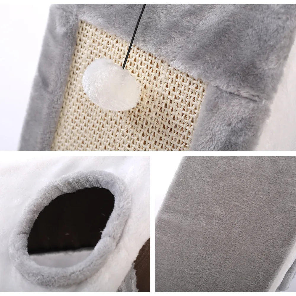 Grey and white triangular cat bed with integrated sisal scratching panels on the side.