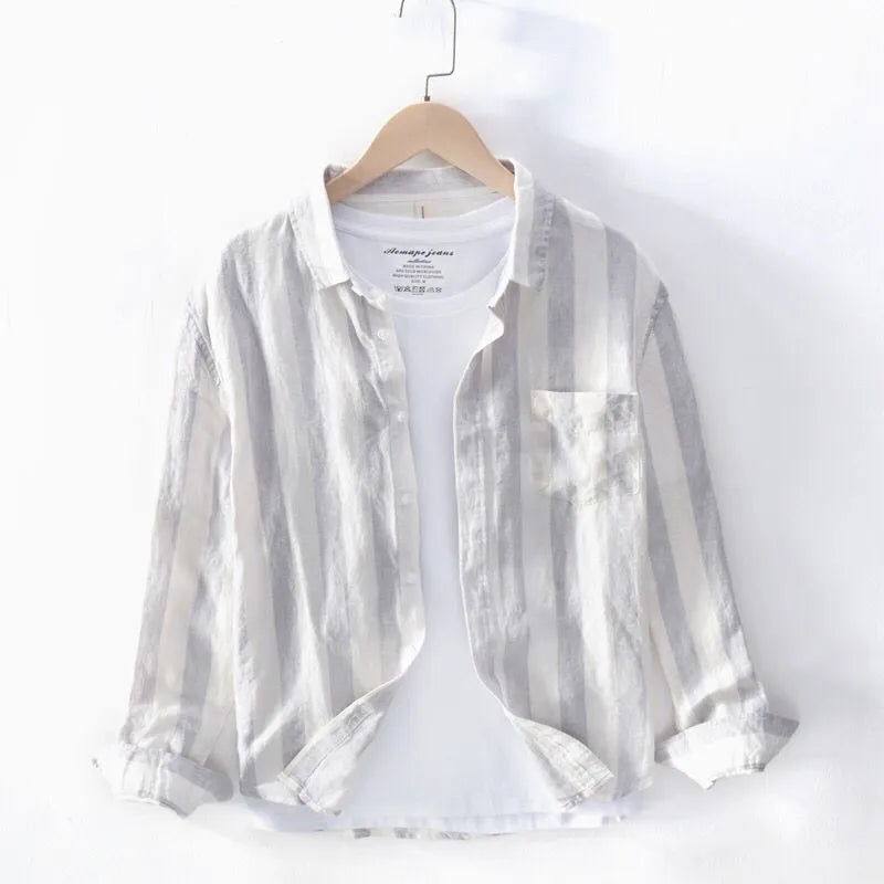 Men's blue Hong Kong style loose fit long sleeve polyester shirt for casual spring summer wear