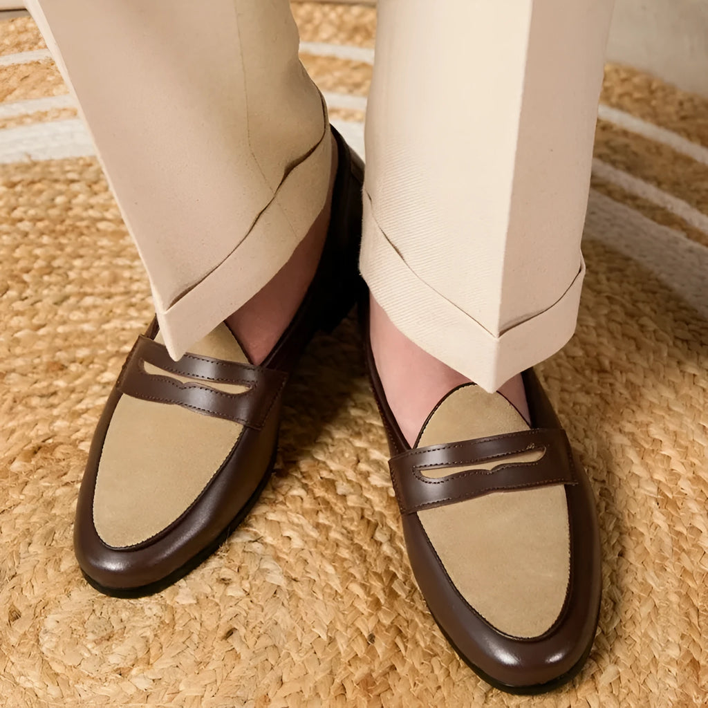Coffee grey British style loafers with suede leather uppers and slip-on design