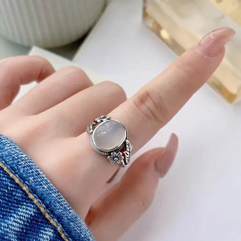Copper vintage ring with adjustable open mouth design in antique white chalcedony colour