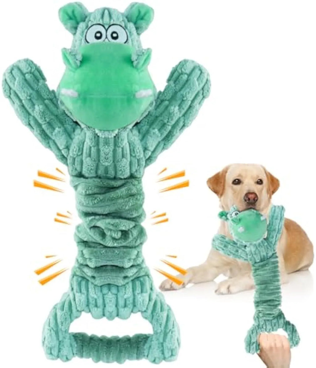 Large blue plush squeaky dog toy with handle for tug of war games