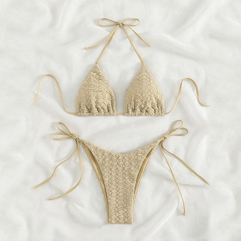Women's high waist bikini swimsuit with side lace-up detailing in khaki colour