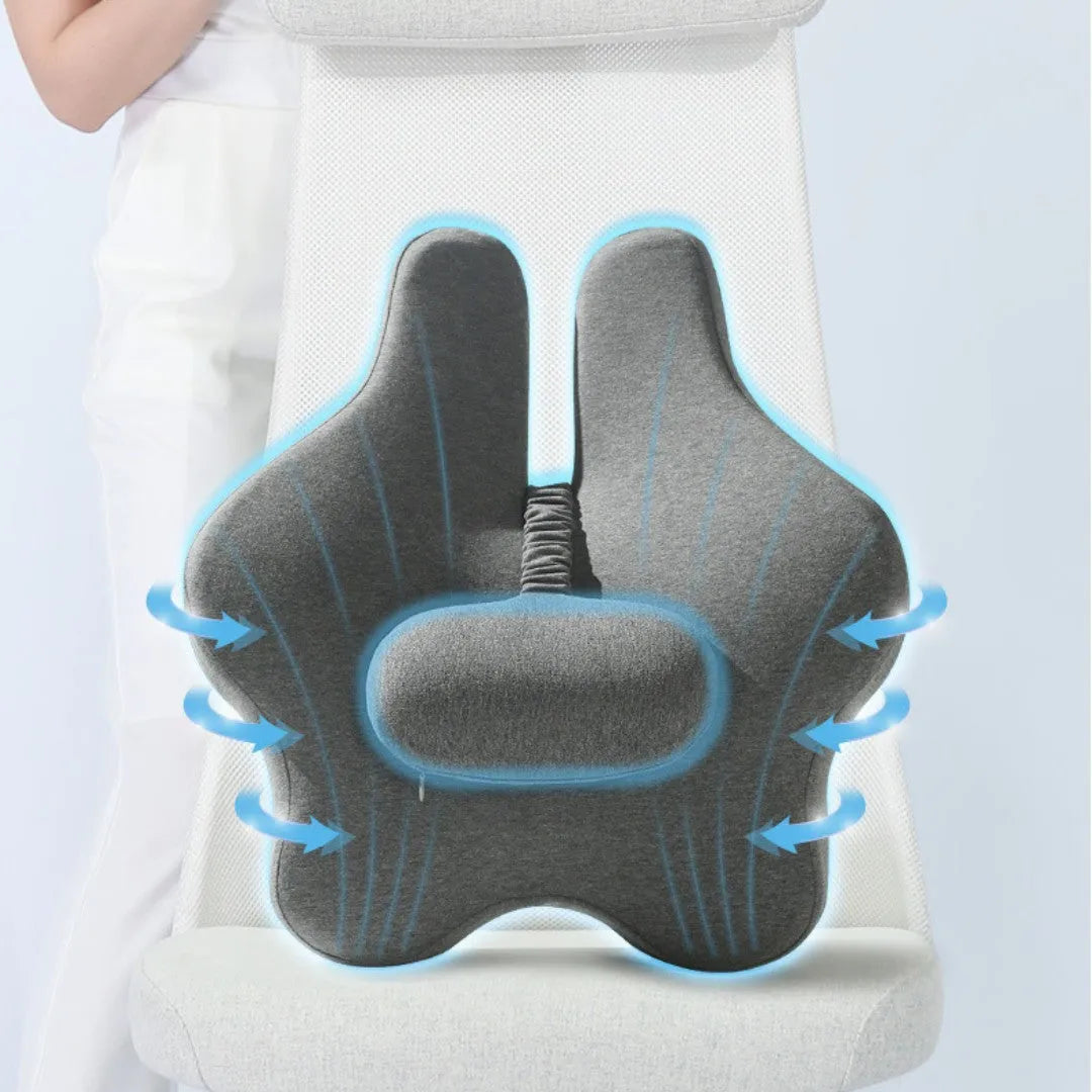Memory foam car cushion with lumbar support in black, dark grey, light grey, or pink