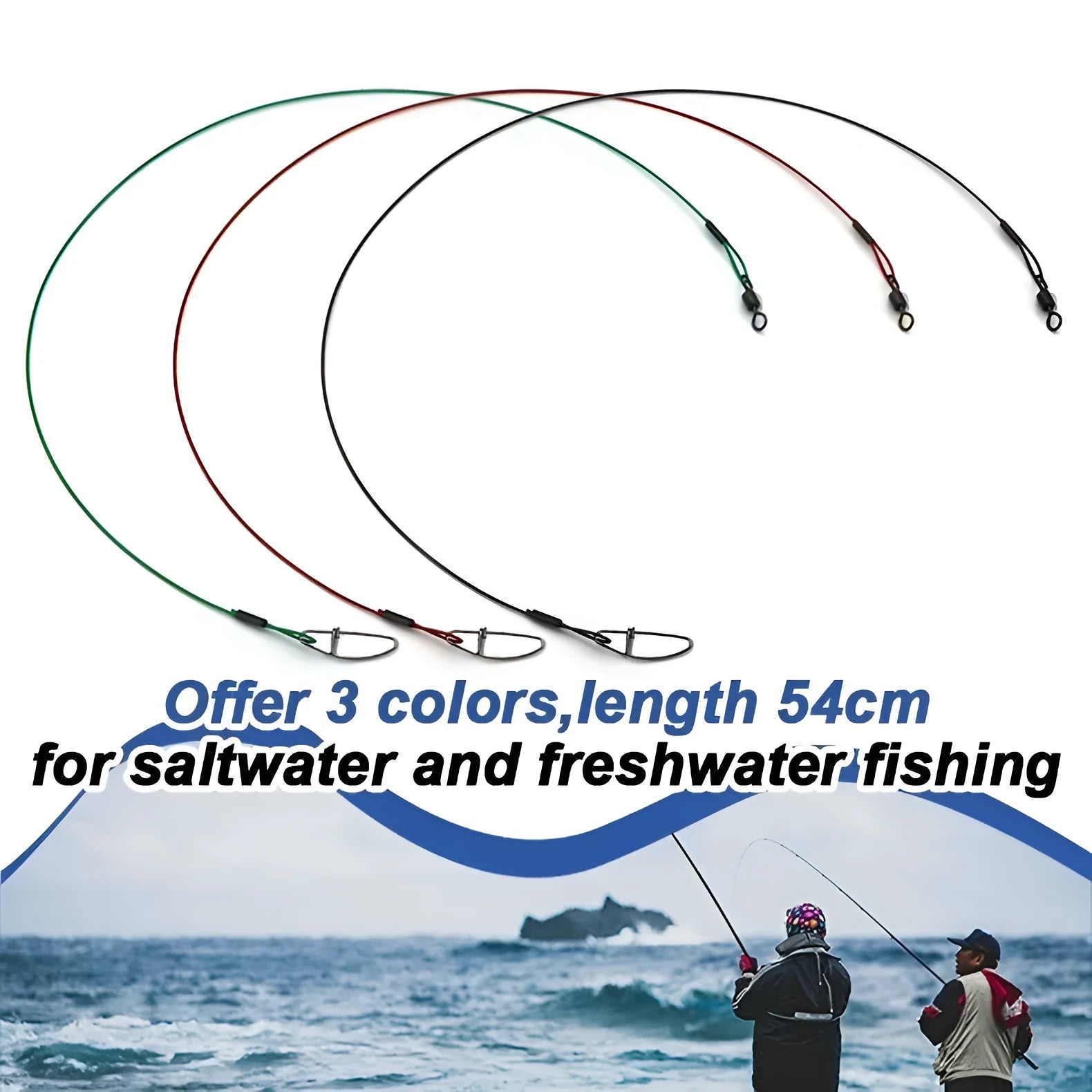 Set of green, black, and red steel wire fishing leaders with buckle pins, each 54cm long.