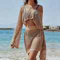 Women's khaki bell sleeve hollow out sun protection clothing suit with top and skirt