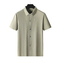 Plus size man wearing black striped casual shirt with square collar and loose fit design