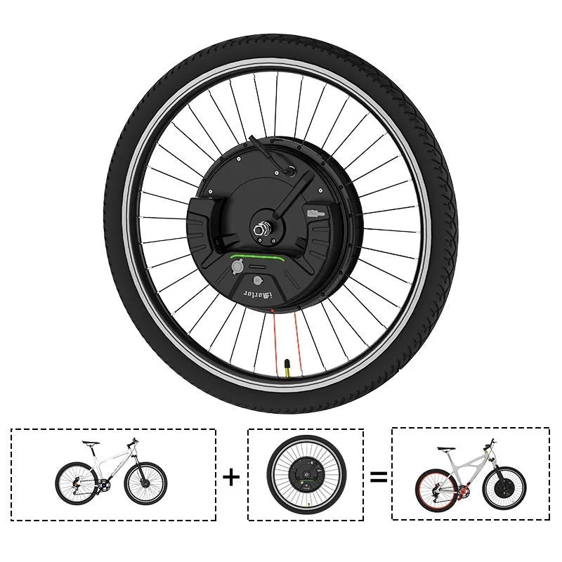 Yunzhilun 26-inch bicycle electric conversion kit showing alloy hub motor wheel, lithium battery, and charger.