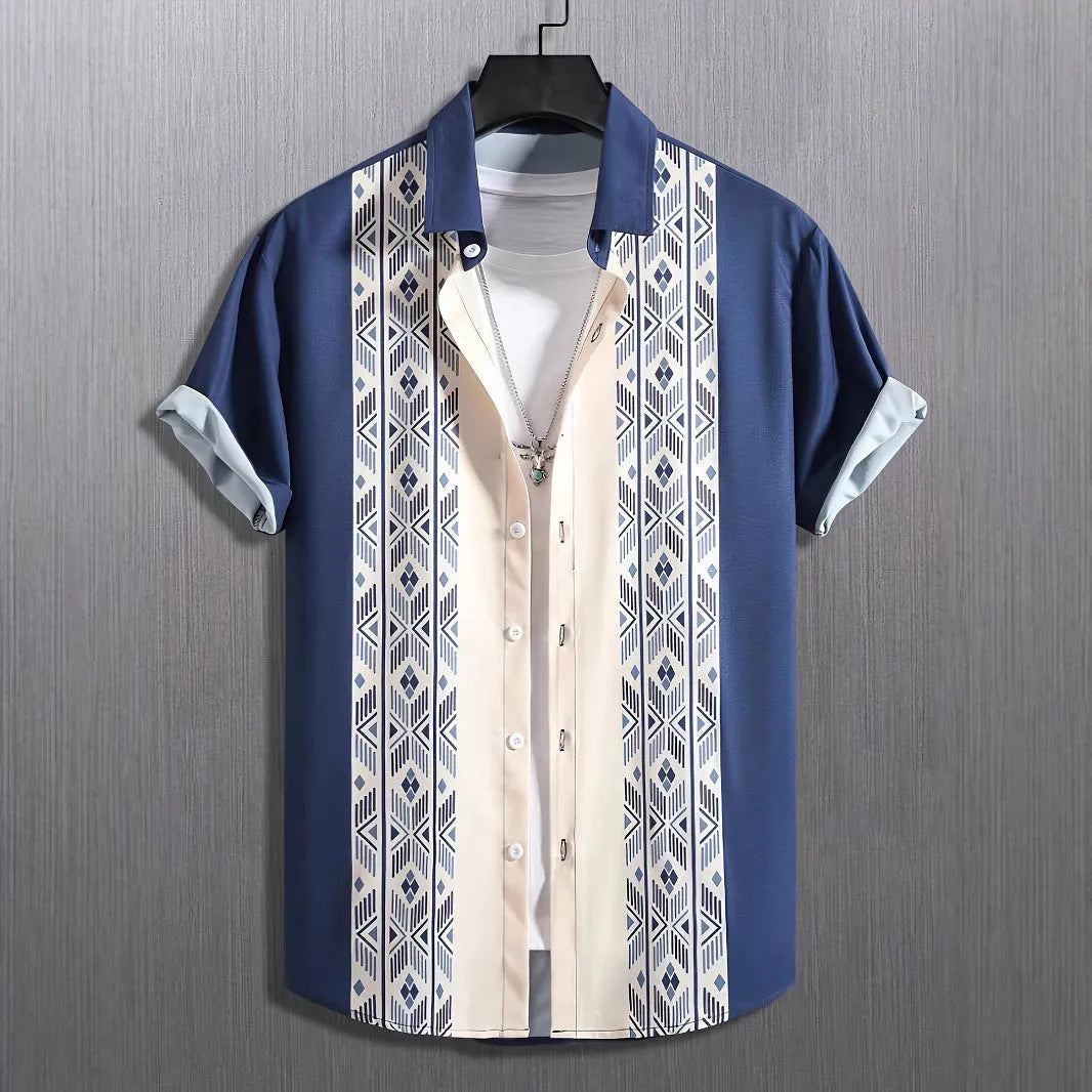 Man wearing a loose fit plaid short sleeve shirt with a contrast colour lapel, cardigan style.