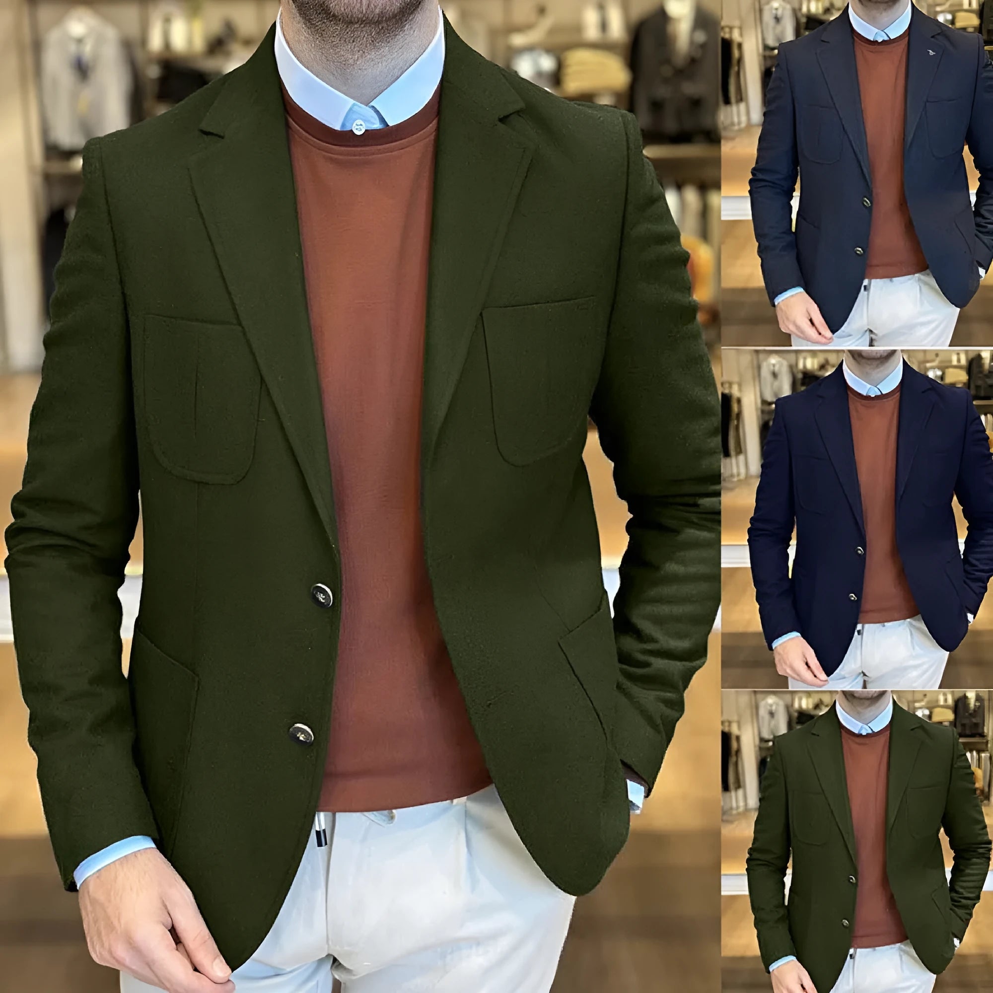 Men's cotton casual suit jacket in loose retro style with solid colour
