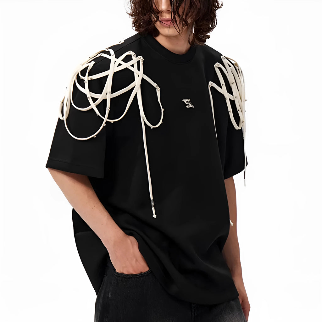Black women's T-shirt with rivet ribbon padded shoulders and loose fit short sleeve design