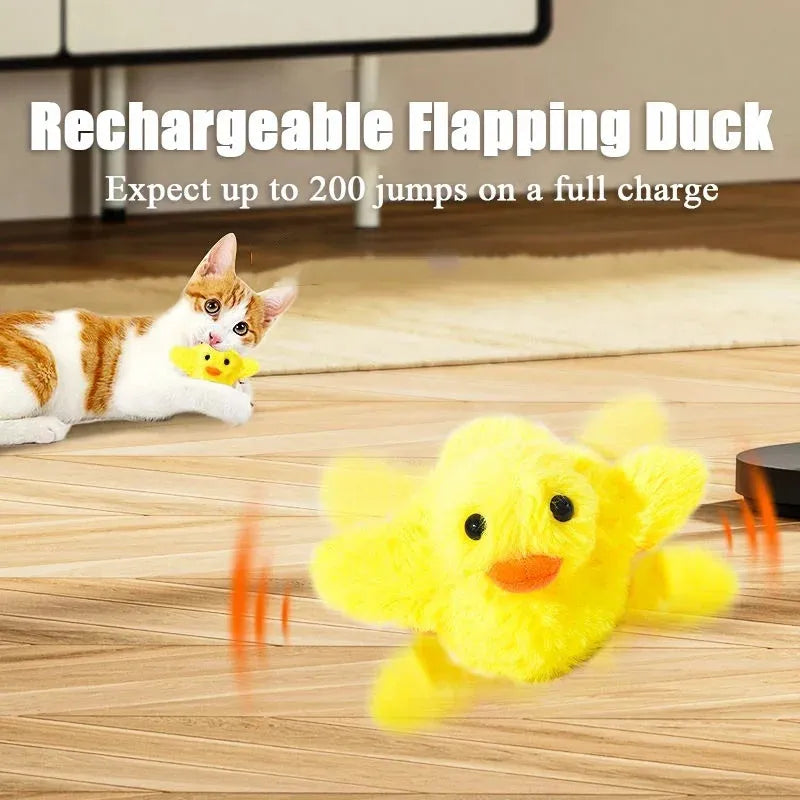 Yellow flapping duck cat toy with chick simulation shape on green background