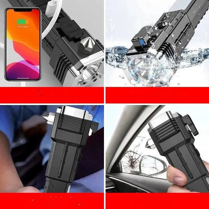 Silver portable power bank LED emergency flashlight with plastic shell for outdoor and emergency use