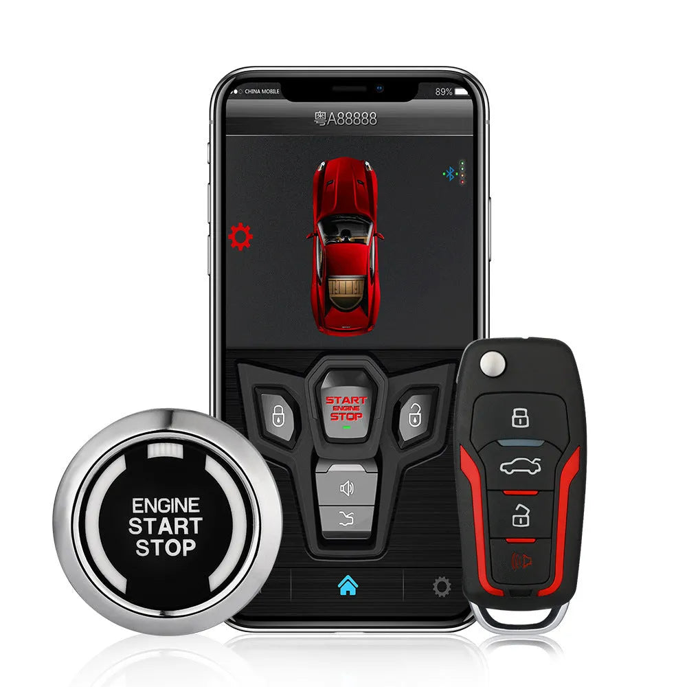 Red and black one-way car alarm remote control system with two remotes for 3000m range vehicle security.