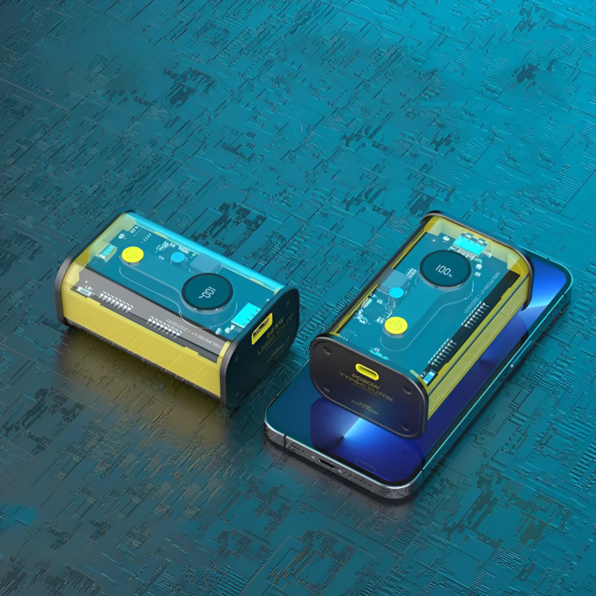 Transparent yellow power bank showing internal aluminium battery case and 18650 lithium ion cells