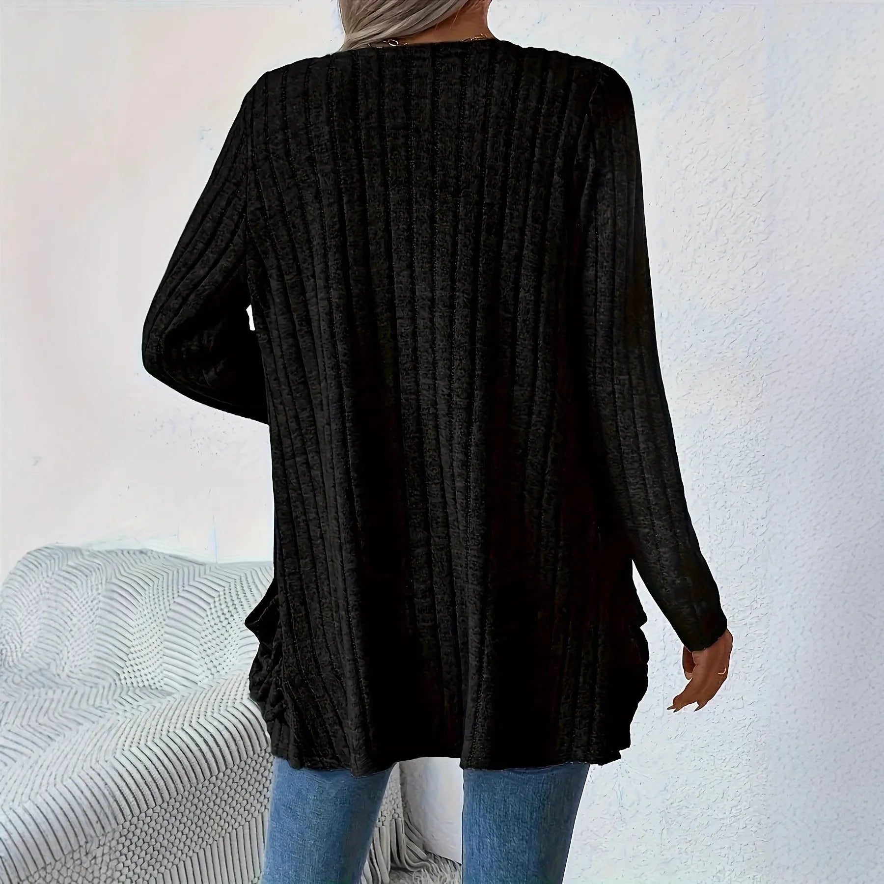 Loose fit long sleeve cardigan in solid black or granny grey colour shown on model