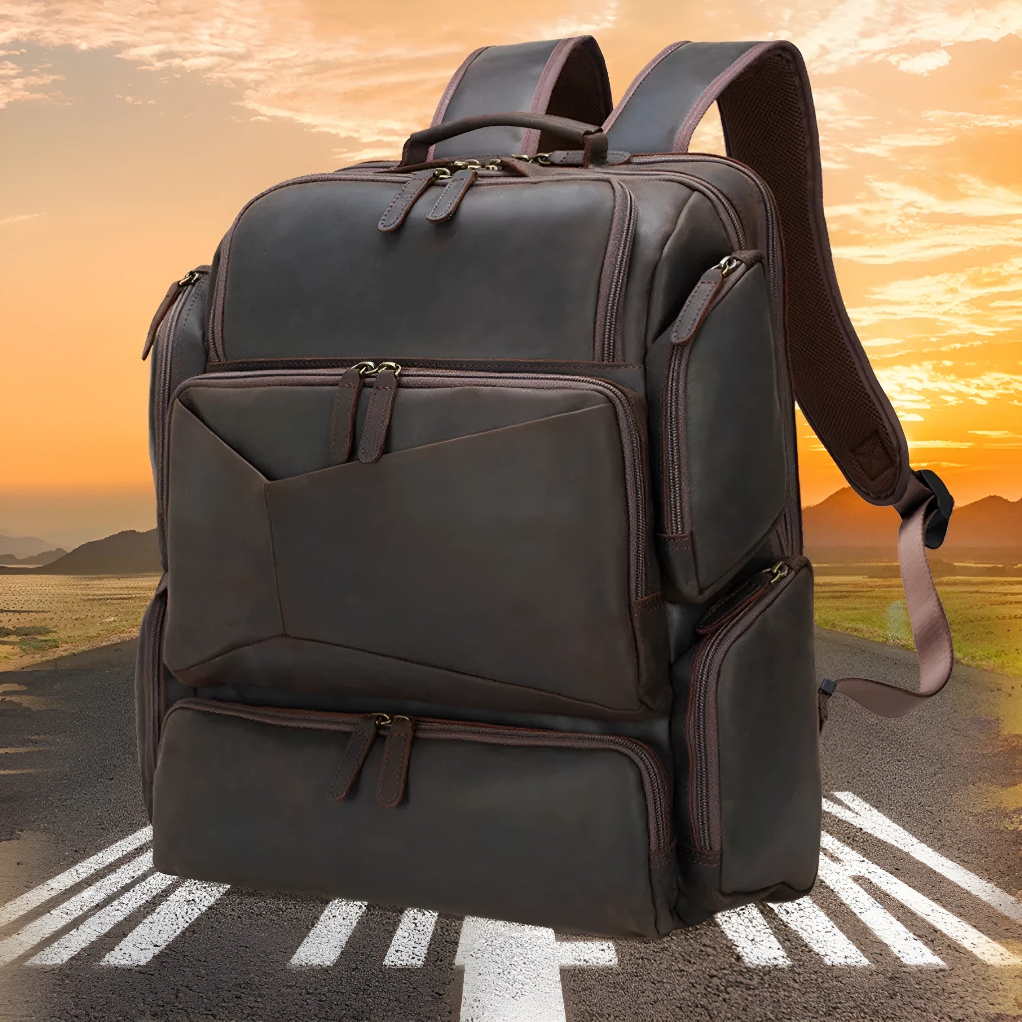 Dark brown retro crazy horse leather backpack for a 17-inch laptop, showing double shoulder straps and external pockets.