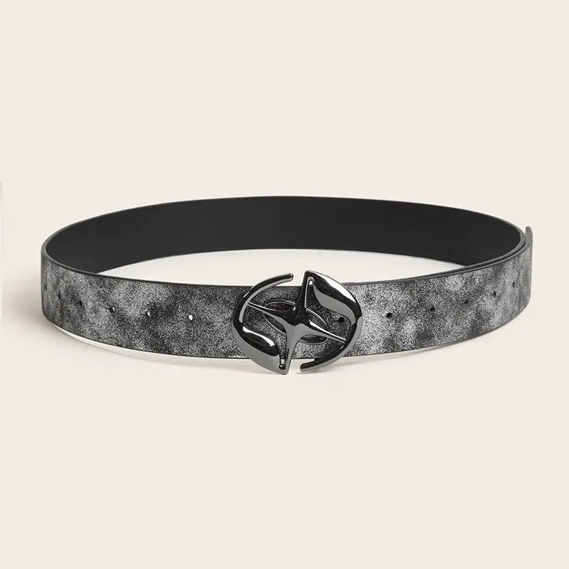 Retro women's belt with oval alloy buckle in thick PU leather, earth style grey white colour