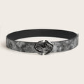 Retro women's belt with oval alloy buckle in thick PU leather, earth style grey white colour
