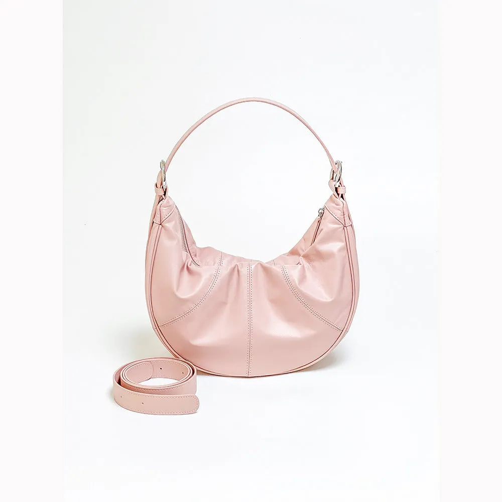 Women's dumpling shaped shoulder bag in soft first layer cowhide leather with double straps