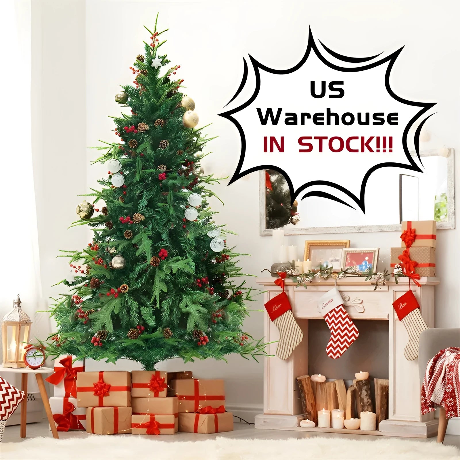Artificial snow Christmas tree with green and white PVC branches on a metal stand