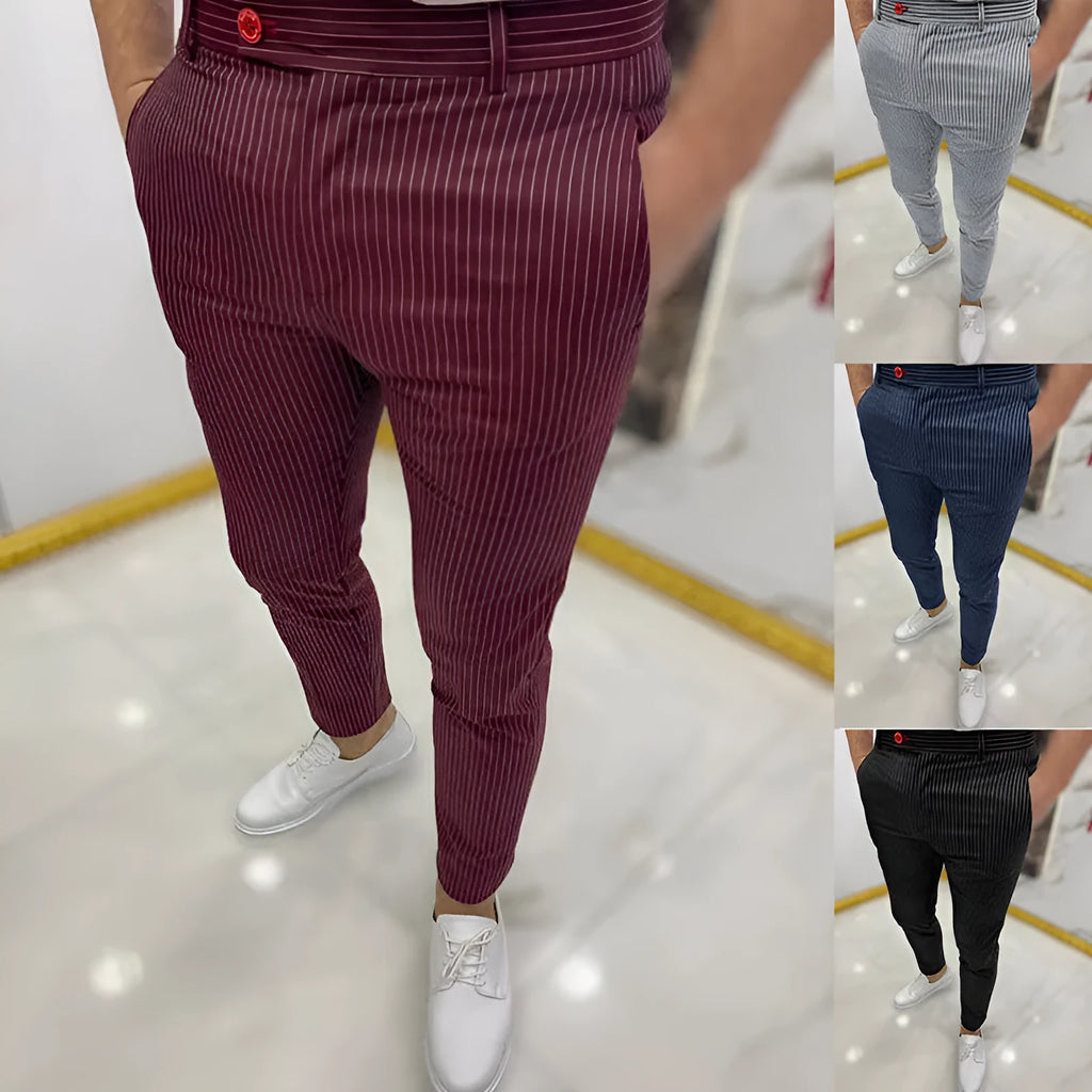 Thin striped slim casual polyester trousers for men in blue, showing mid rise waist and button fly