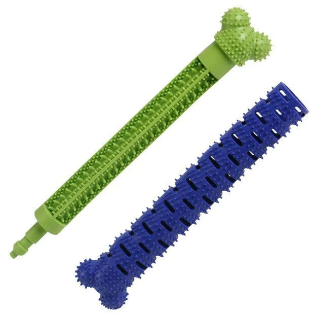 Blue green silicone dog dental cleaning stick with brush head design and gum massage nodules