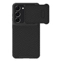 Black carbon fibre pattern phone case for Samsung S23 Ultra with rear lens cover closed.