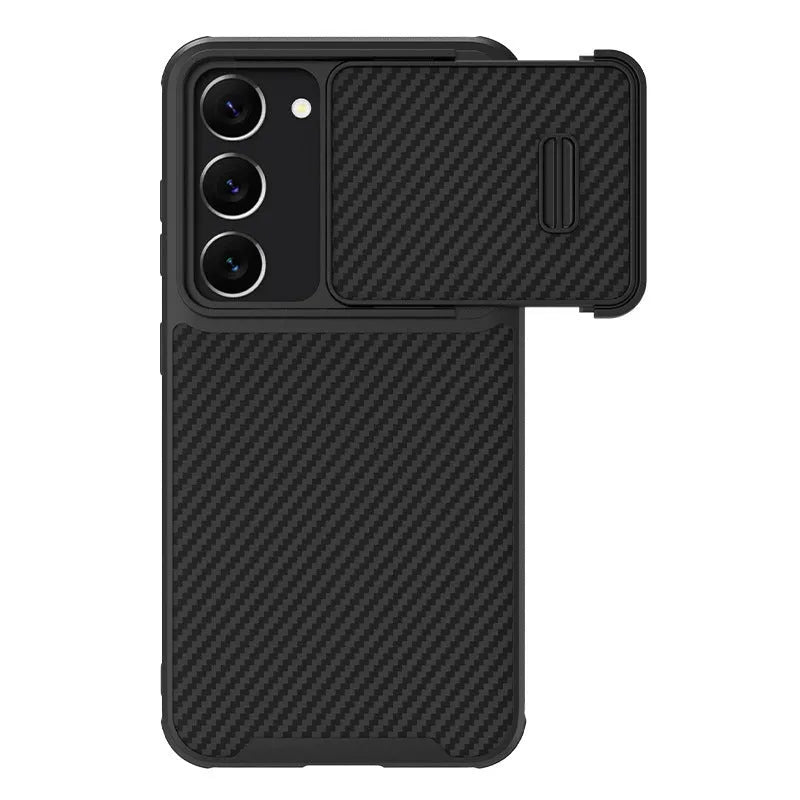 Black carbon fibre pattern phone case for Samsung S23 Ultra with rear lens cover closed.