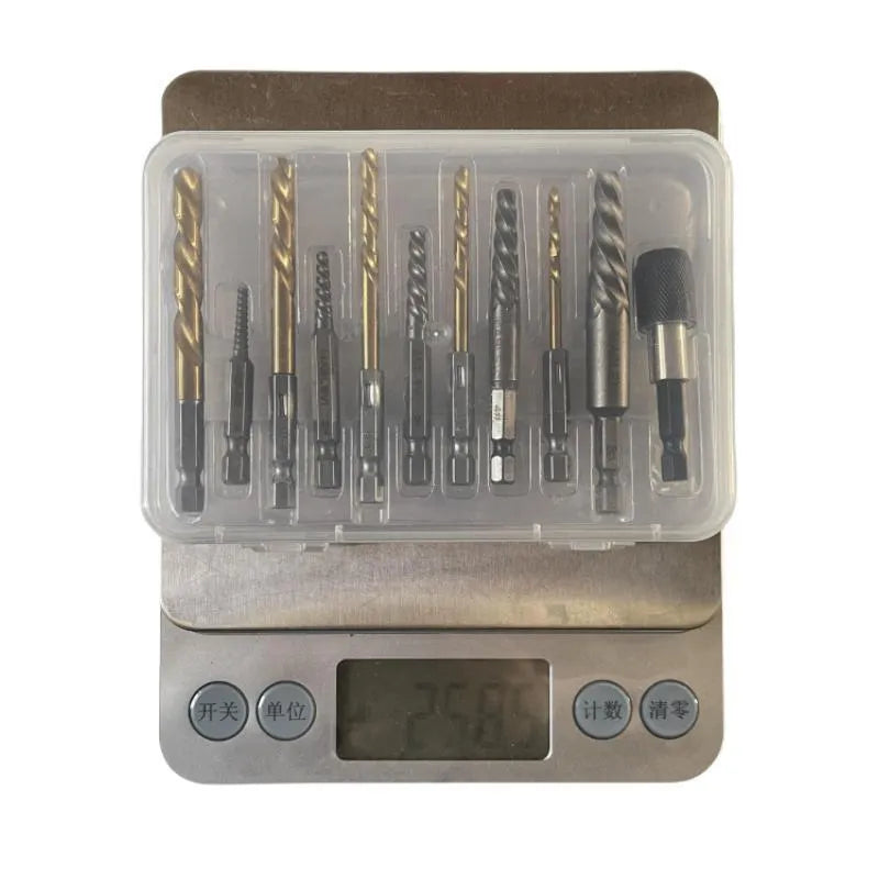 Silver household hexagonal handle screw extractor suit 12 pieces on a wooden surface