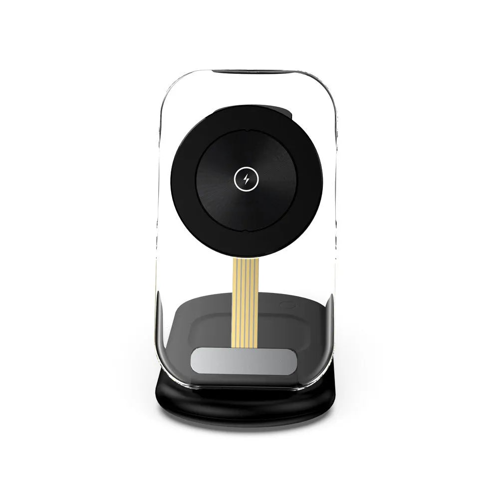 Transparent folding magnetic wireless charger showing internal components with QC3.0 fast charging support