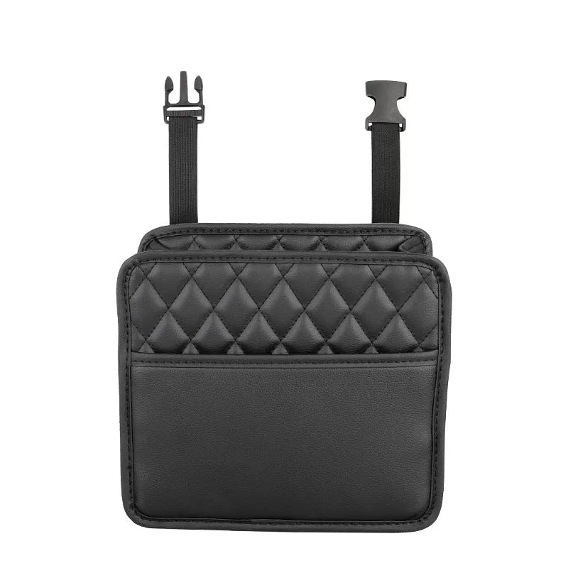 Leather hanging storage bag for car interior in black, pink, green, or white