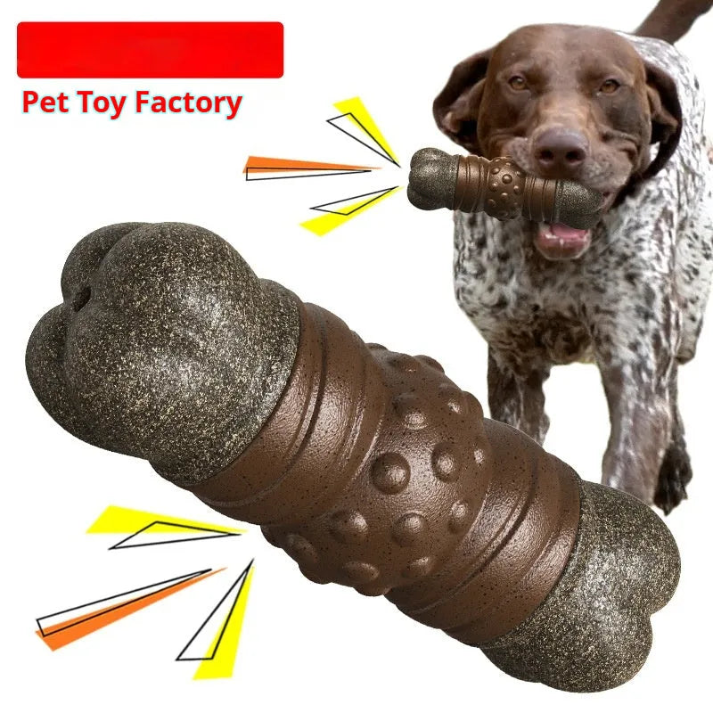 Wood-coloured plastic dog toothbrush toy with bone shape and molar rod texture