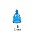 Blue silicone male masturbator cup shown in small, medium, and large size options