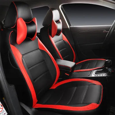 Genuine cow leather car seat cover in a black with red line colour option, showing binding style edge.