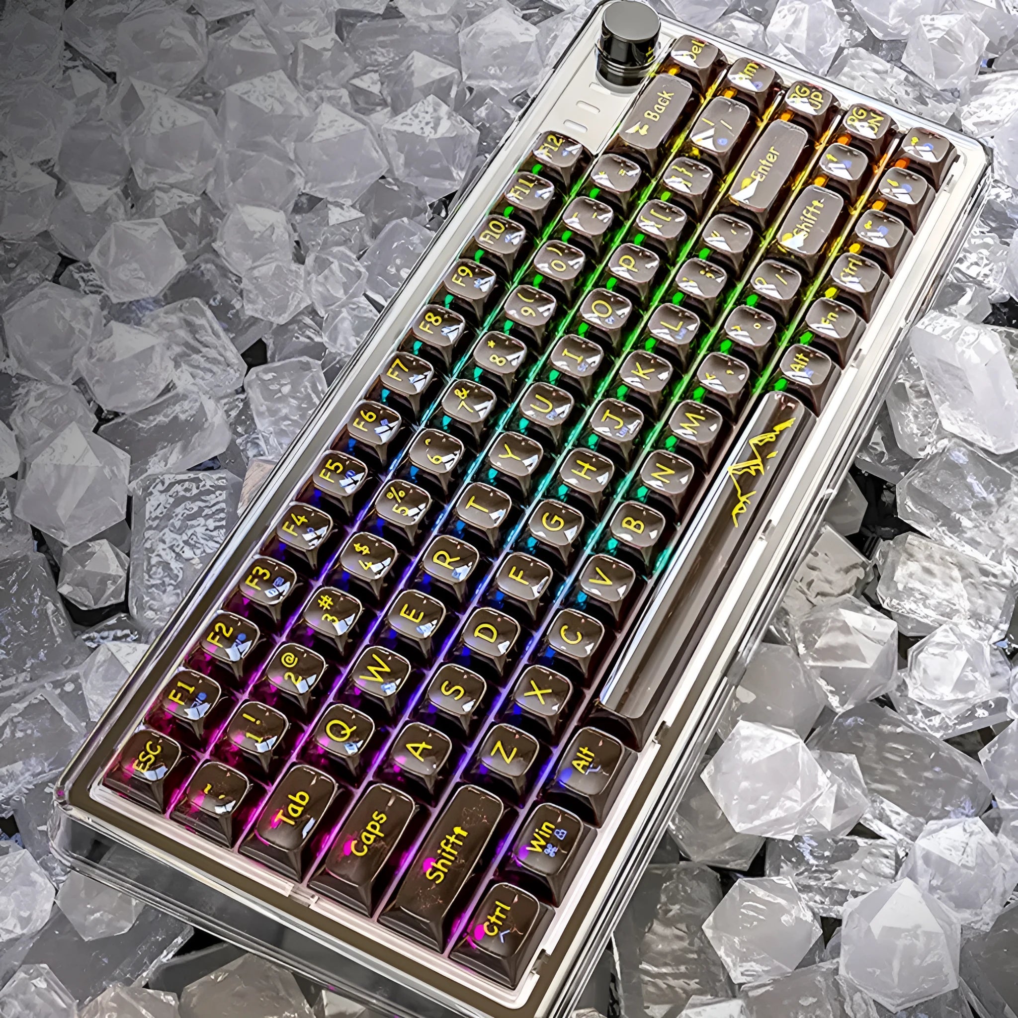 Attack Shark K75RGB wireless mechanical keyboard with transparent white case and RGB backlighting on a desk.