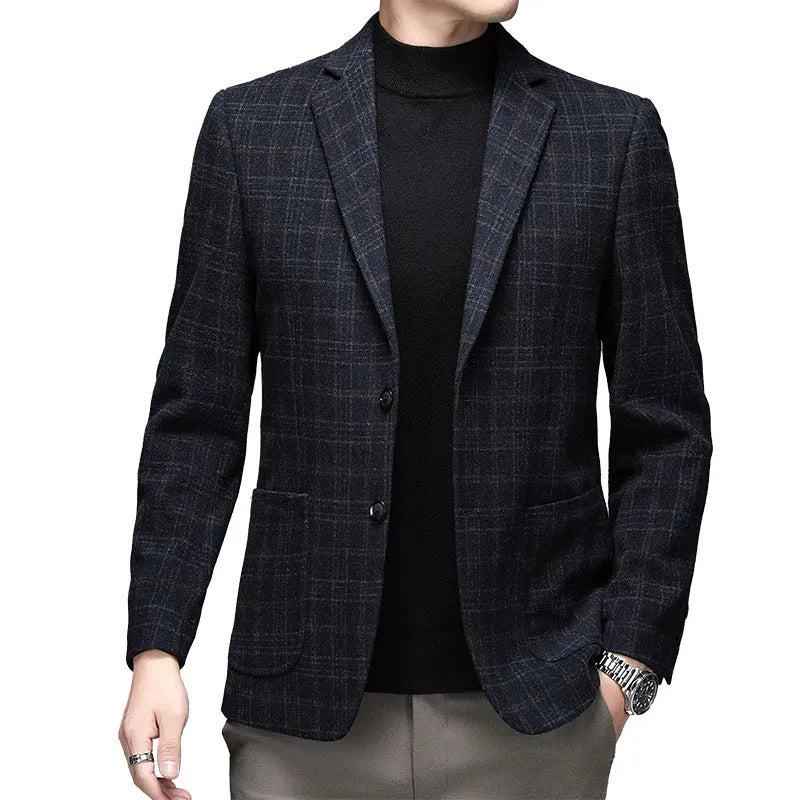 Men's solid colour loose fit woolen winter jacket in grey, shown on a model.