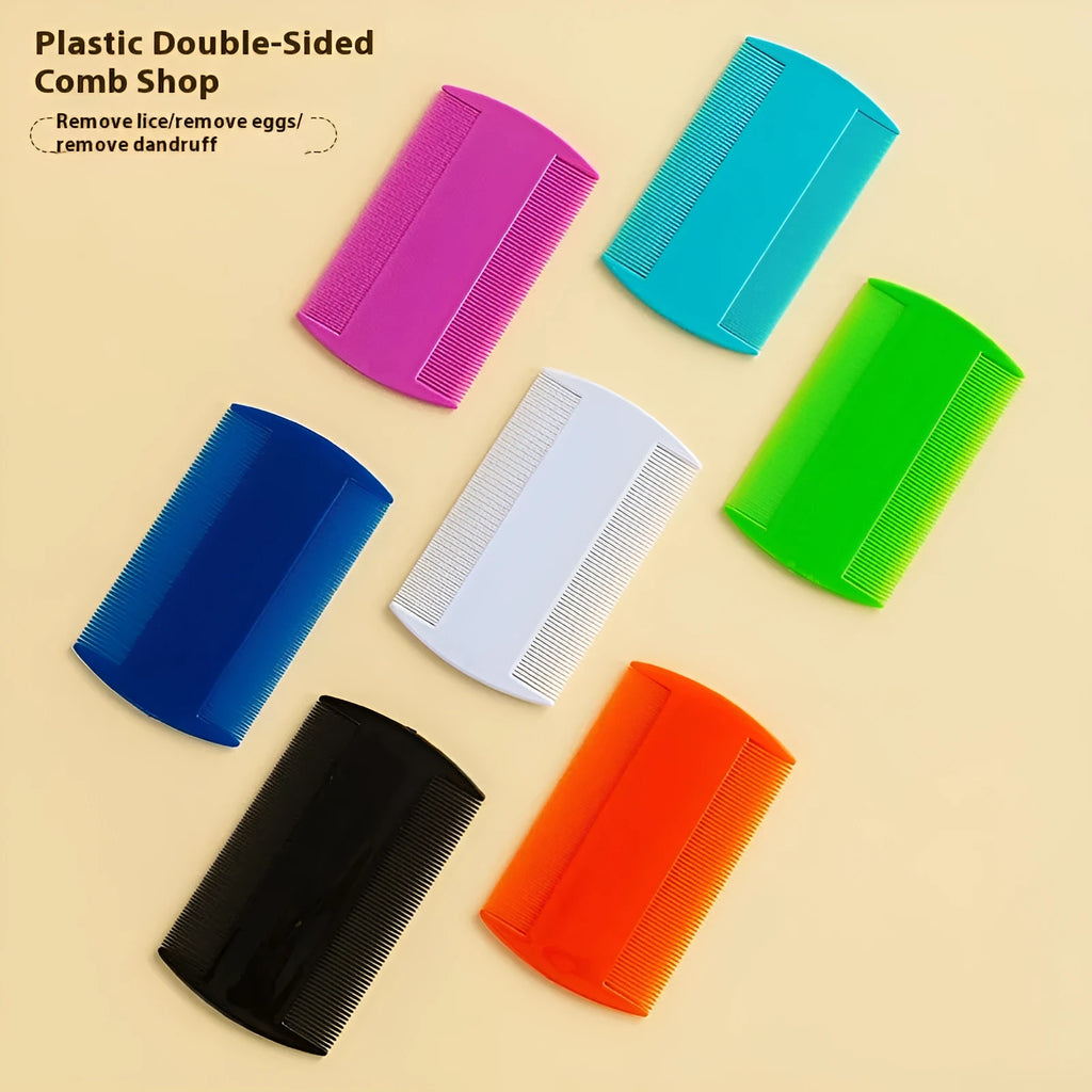 Plastic fine teeth double-edged lice comb in 8x7.5cm size showing colour options