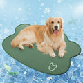 Ice silk pet cooling mat for dogs on a floor, showing non-slip base and scratch-resistant surface