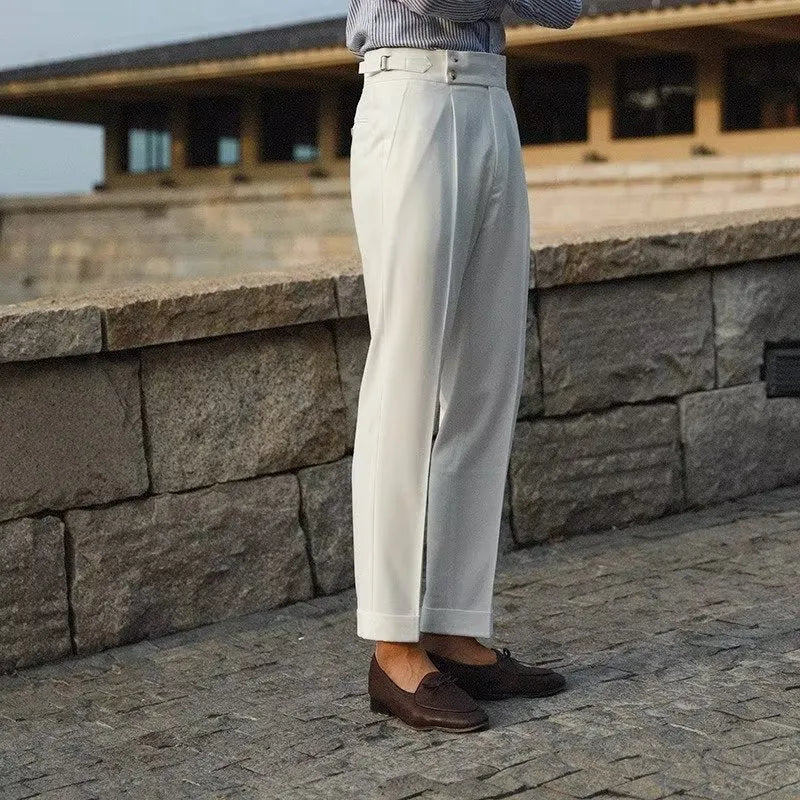 Men's slim fit straight leg suit trousers in black, white, and apricot colour options.