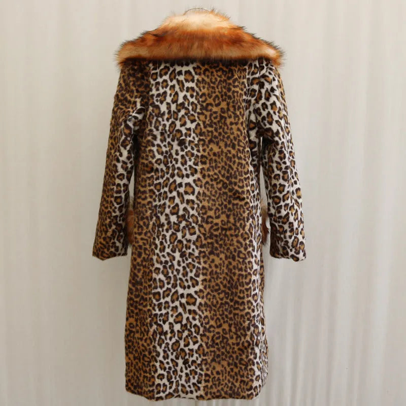 Women's long leopard print artificial fur jacket with regular sleeves on a hanger